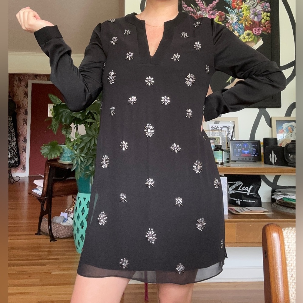 BCBG Max Azria Long Sleeve Black and Crystal Dress, Size XS
